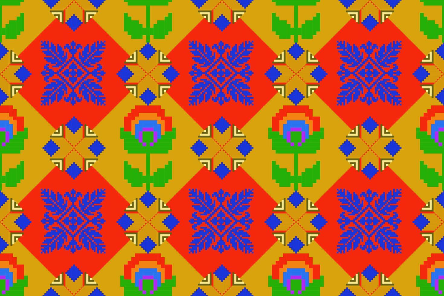 géométrique ethnique floral pixel art broderie, aztèque style, abstrait Contexte conception pour tissu, vêtements, textile, emballage, décoration, foulard, imprimer, fond d'écran, table coureur. vecteur