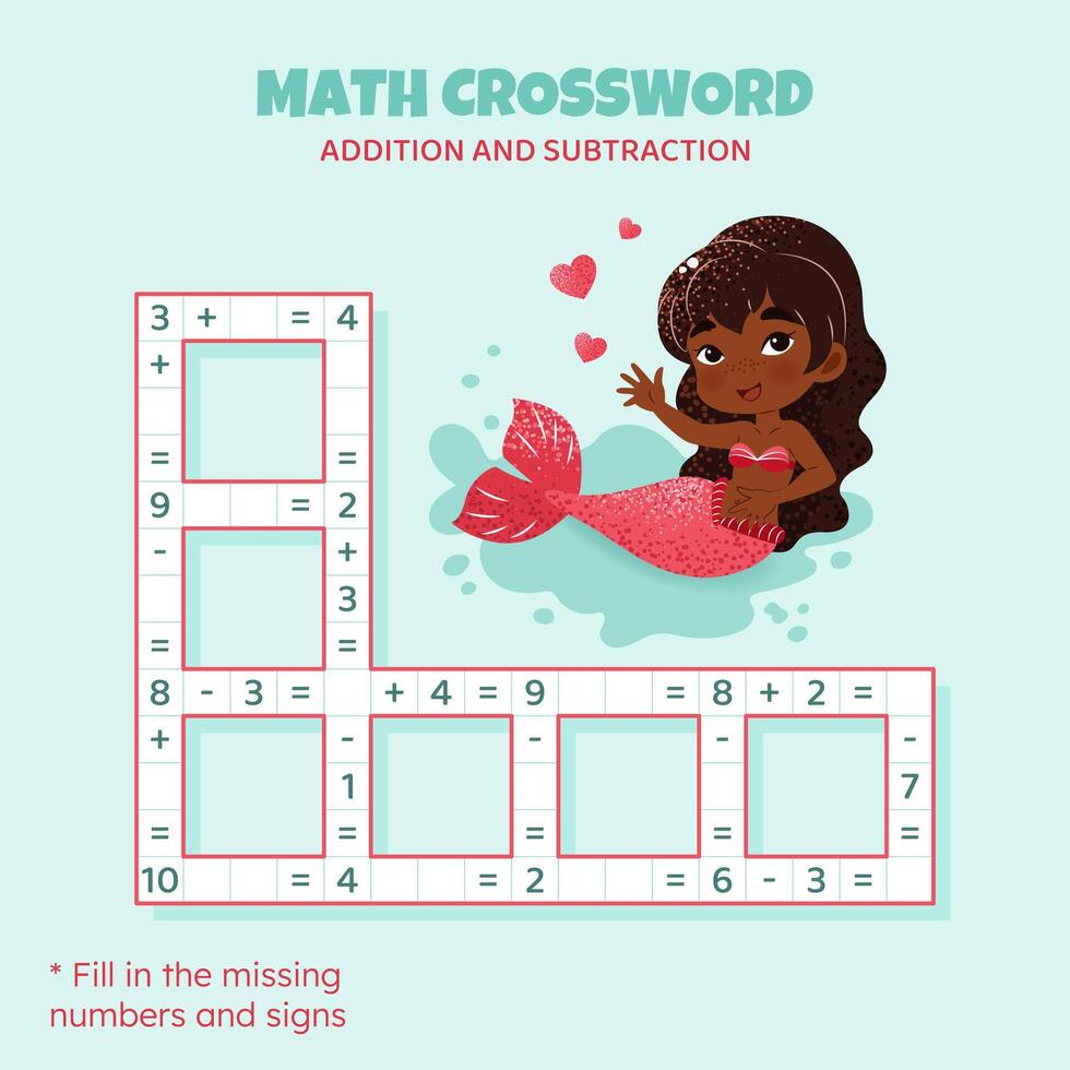 math mots croisés puzzle pour enfants. une addition et soustraction. compte en haut à dix. Jeu pour les enfants. illustration. coloré mots croisés avec dessin animé sirène. tâche, éducation Matériel pour enfants. vecteur