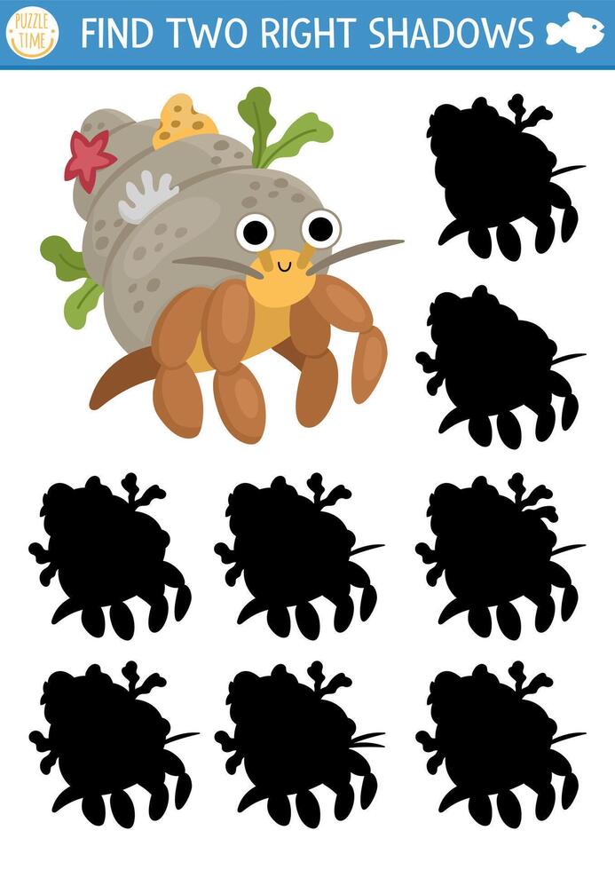 en dessous de le mer ombre correspondant à activité. océan puzzle avec mignonne méduse. trouver correct silhouette imprimable feuille de travail ou jeu. l'eau animal page pour des gamins avec ermite Crabe vecteur