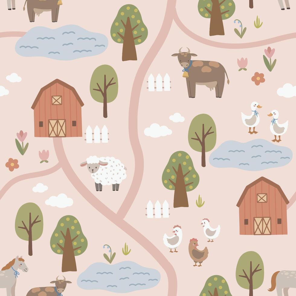 ferme sans couture modèle avec ferme loger, des arbres et animaux, main tiré mignonne des gamins Contexte ancien rétro palette vecteur