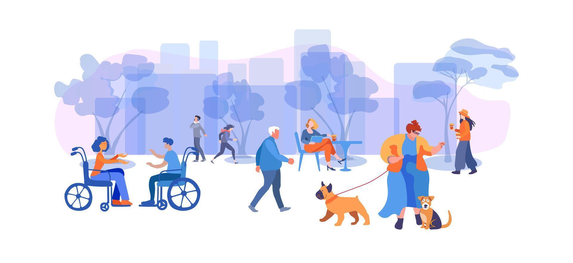 gens Aller le long de ville rue avec des arbres. à la mode femme des promenades avec une chiens. Urbain panorama avec bâtiments. le concept de comprenant gens avec handicapées et gens de différent âge dans social vecteur