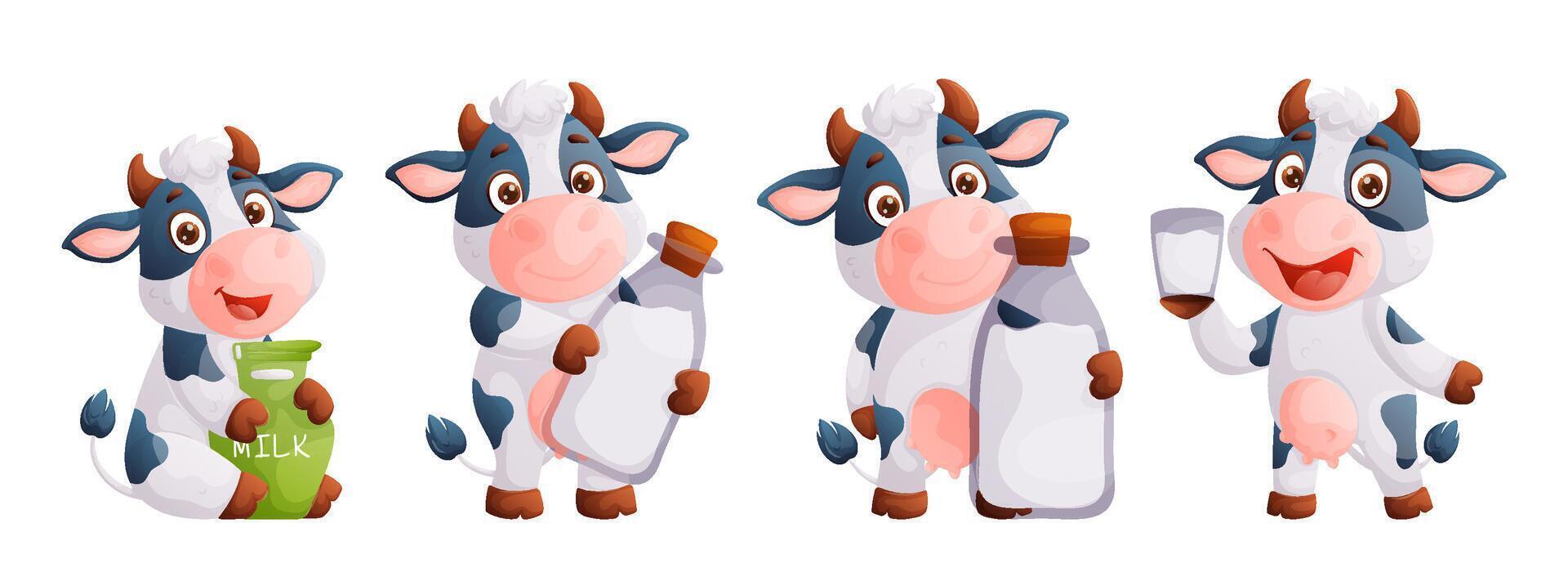 vache dessin animé. mignonne ferme Lait animal personnage dans divers Actions posant marrant mascotte . illustration de une marrant vache avec une bouteille, bouteille et verre de lait. vecteur