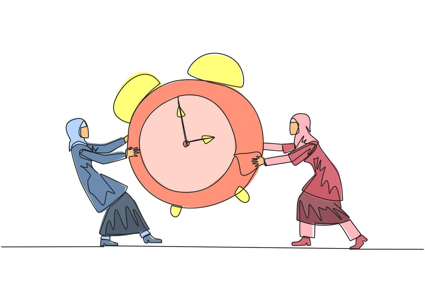 Célibataire un ligne dessin deux émotif arabe femme d'affaires combat plus de alarme horloge. concept de combat pour rare articles pour prestige. conflit. attaque. continu ligne conception graphique illustration vecteur