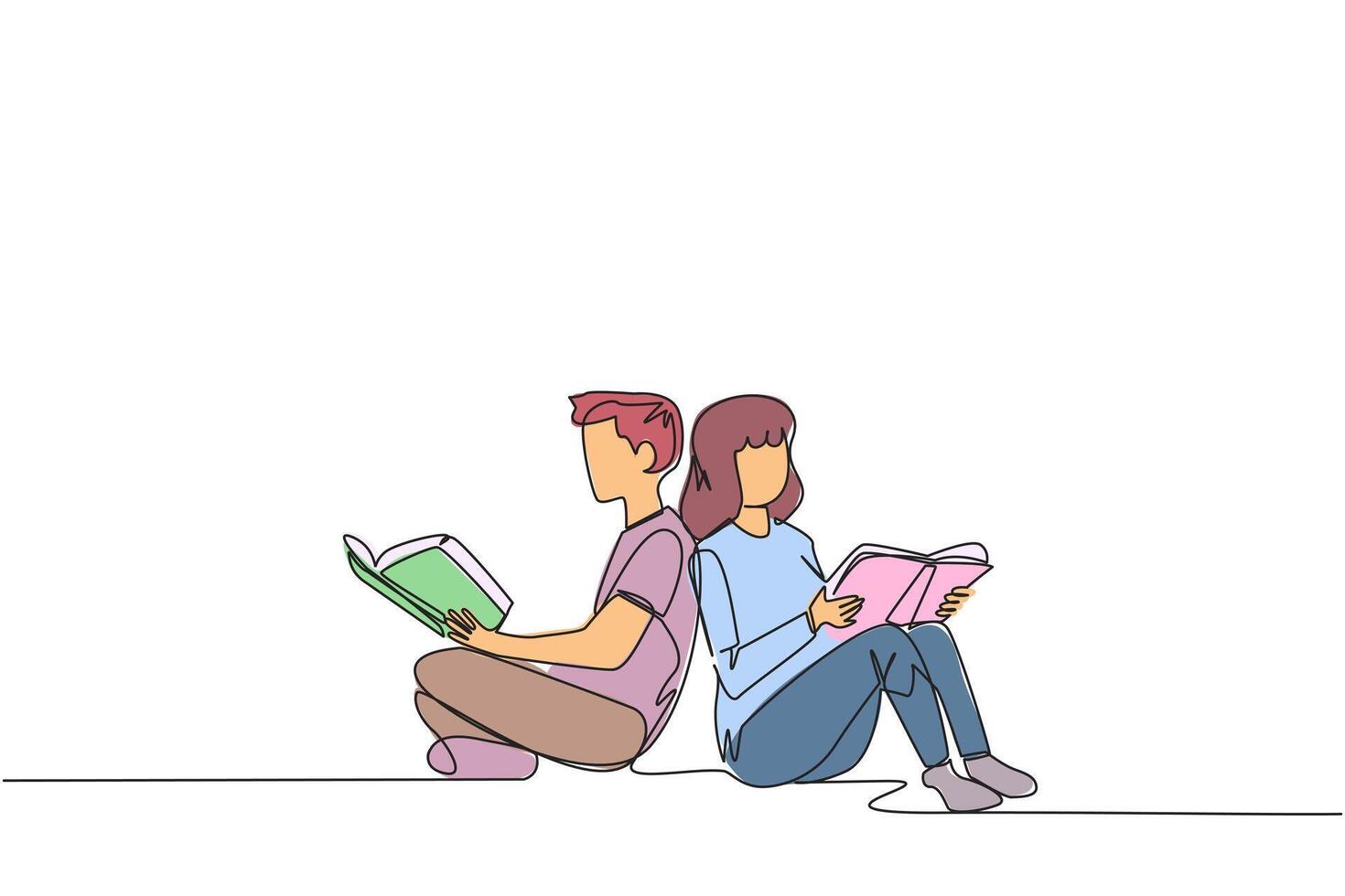 continu un ligne dessin homme femme séance tandis que en train de lire le livre. en train de lire le livres à apprendre. le vite apprenant. livre Festival concept. content en lisant. Célibataire ligne dessiner conception illustration vecteur