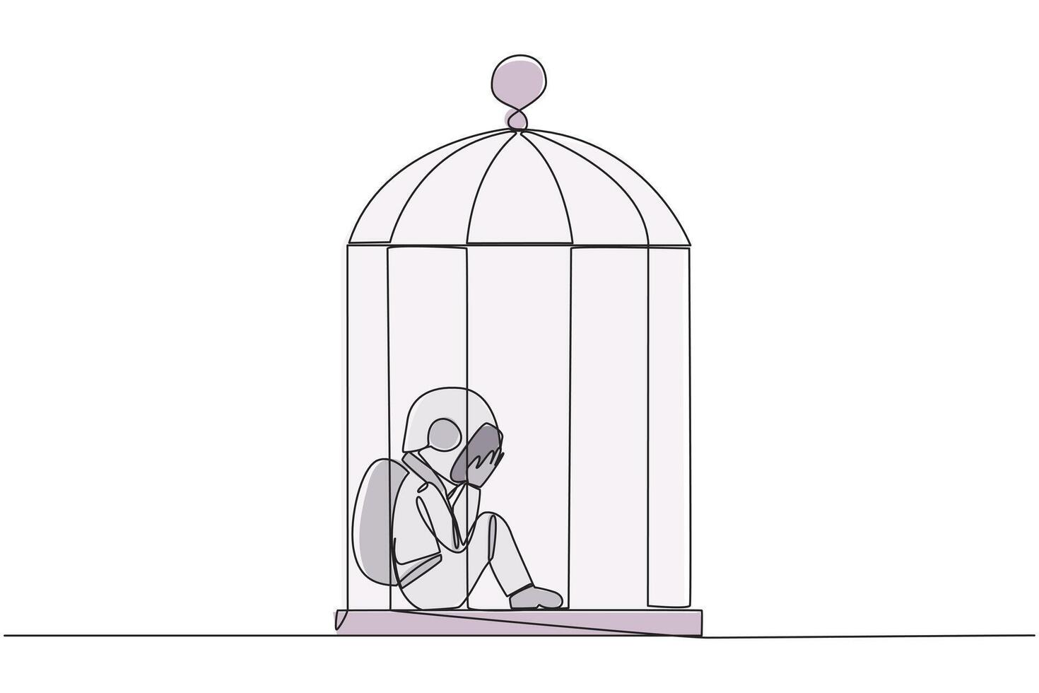 Célibataire continu ligne dessin Jeune astronaute piégé dans le cage séance couvrant affronter. ressentir tout à fait vaincu. piégé dans une sale entreprise. mentalement fatigué. perdu. un ligne conception illustration vecteur