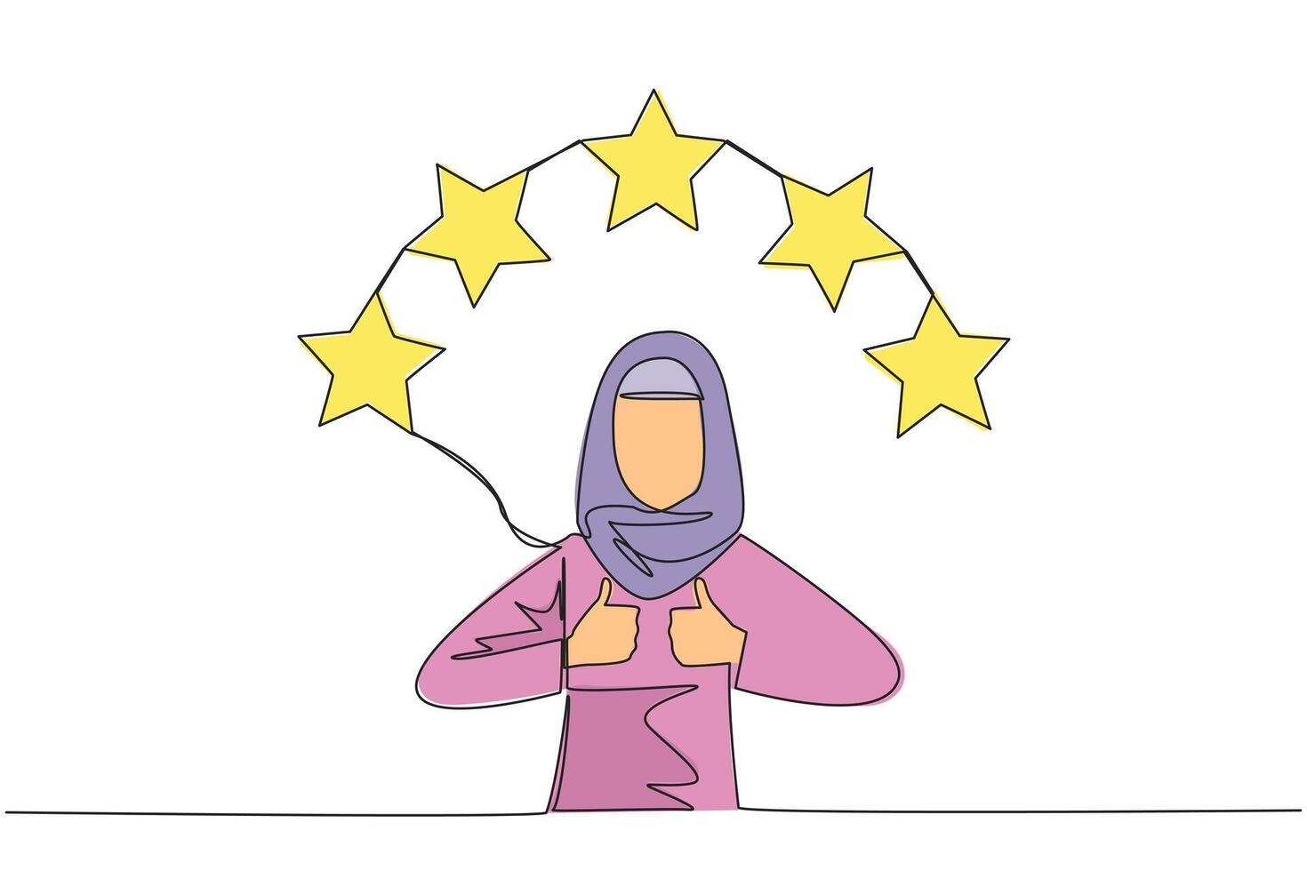 Célibataire un ligne dessin arabe femme donnant deux les pouces en haut, au dessus tête là sont 5 étoiles formant demi-cercle. passionnant en ligne achats expérience. la revue 5 étoile. continu ligne graphique illustration vecteur