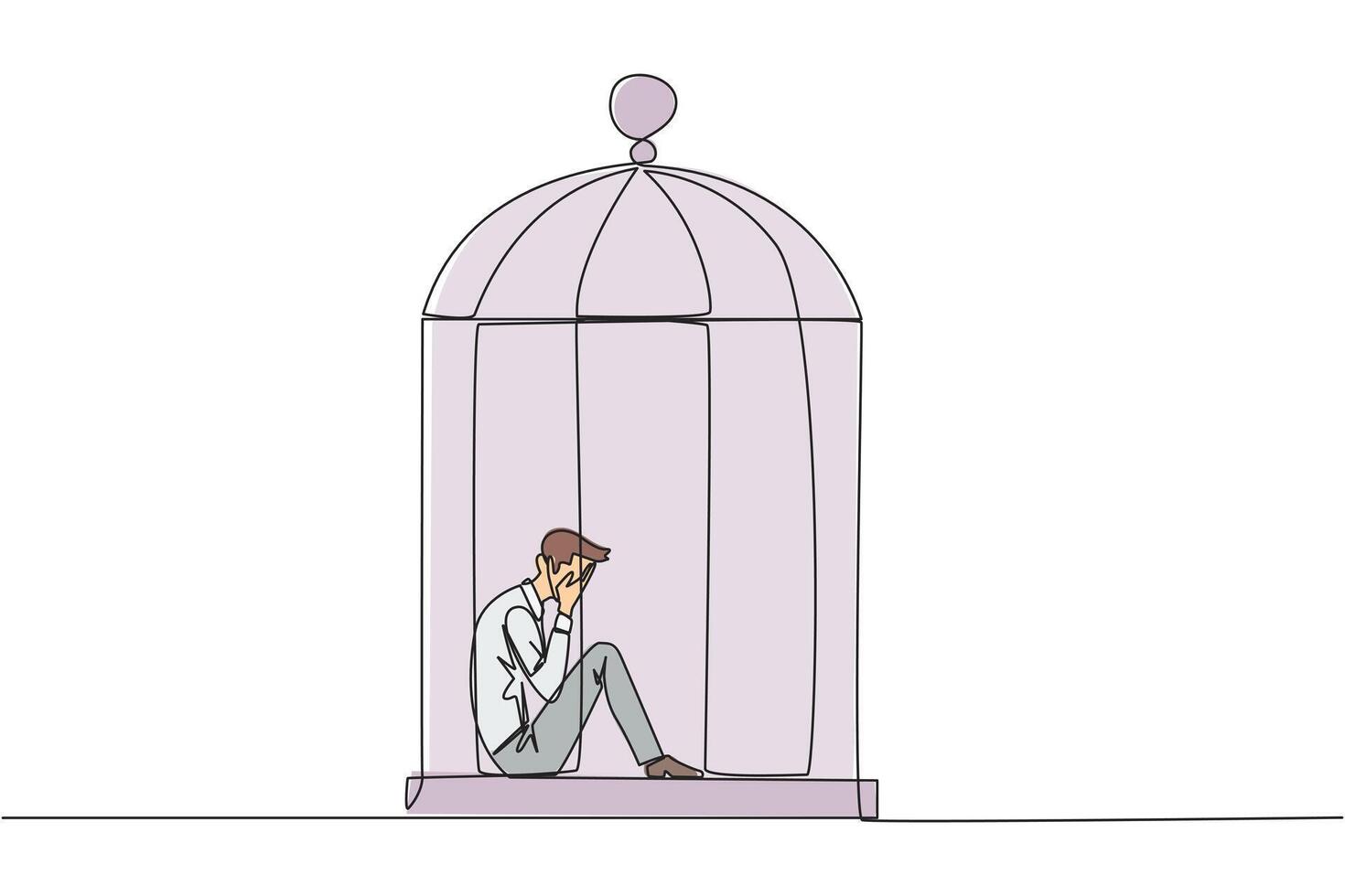 continu un ligne dessin homme d'affaire piégé dans le cage séance couvrant affronter. ressentir tout à fait vaincu. piégé dans une sale entreprise. mentalement fatigué. perdu. Célibataire ligne dessiner conception illustration vecteur