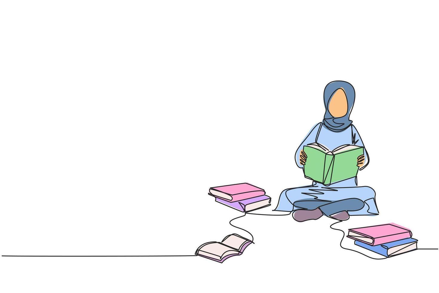 continu un ligne dessin arabe femme vraiment aime en lisant. tous les jours un livre est lire. bien habitude. là est non journée sans pour autant en train de lire livre. livre Festival concept. Célibataire ligne dessiner illustration vecteur