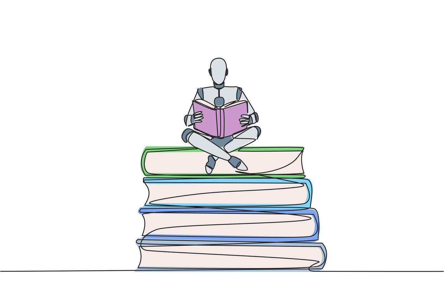 continu un ligne dessin robot séance se détendre en train de lire livre sur pile de livres. se détendre tandis que en train de lire fiction livre. prendre plaisir scénario. livre Festival concept. Célibataire ligne dessiner conception illustration vecteur