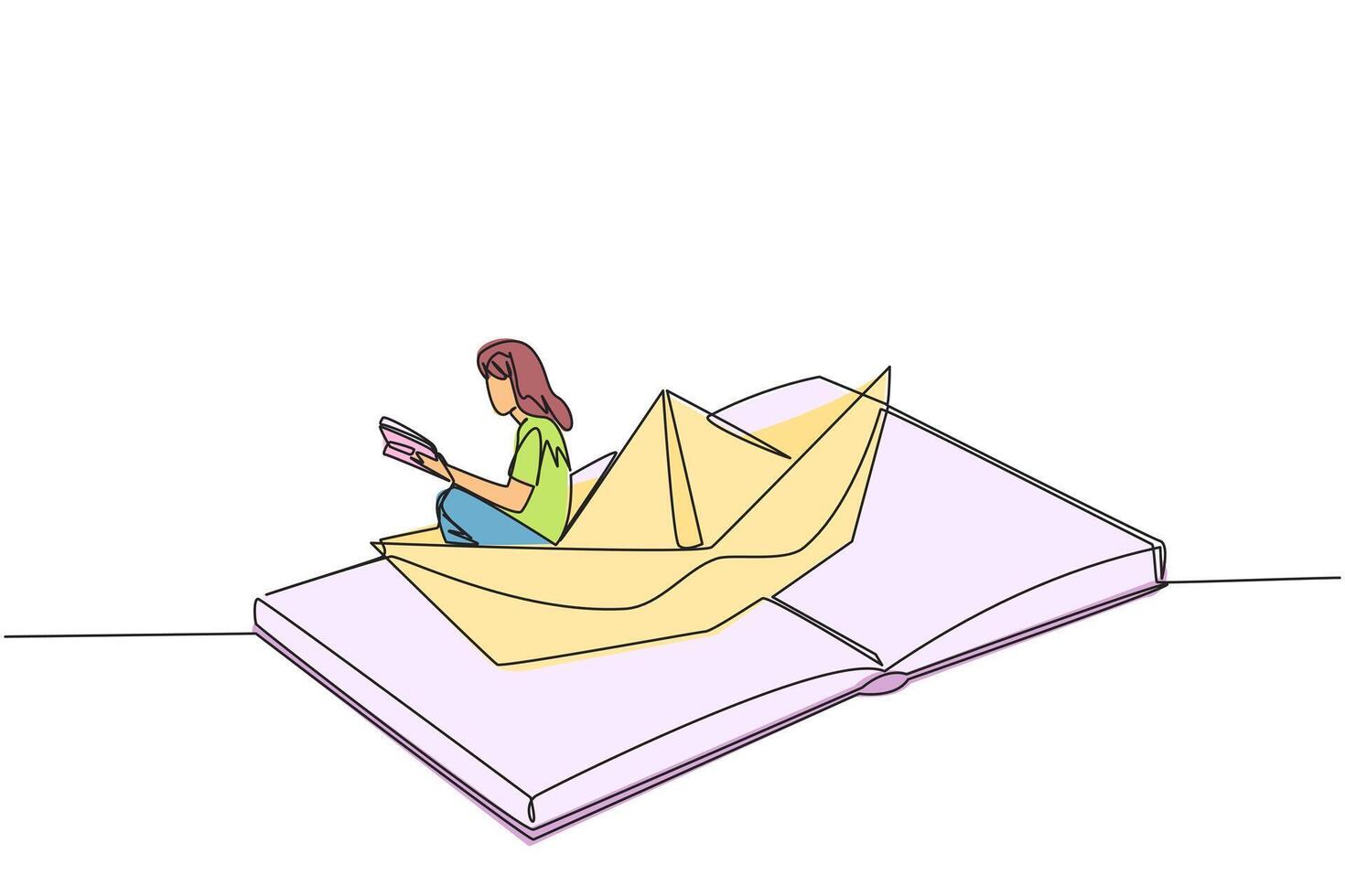 Célibataire un ligne dessin femme en train de lire une livre sur une papier bateau. maintenir le bien des habitudes. le métaphore de en train de lire pouvez explorer océans. livre Festival concept. continu ligne conception graphique illustration vecteur