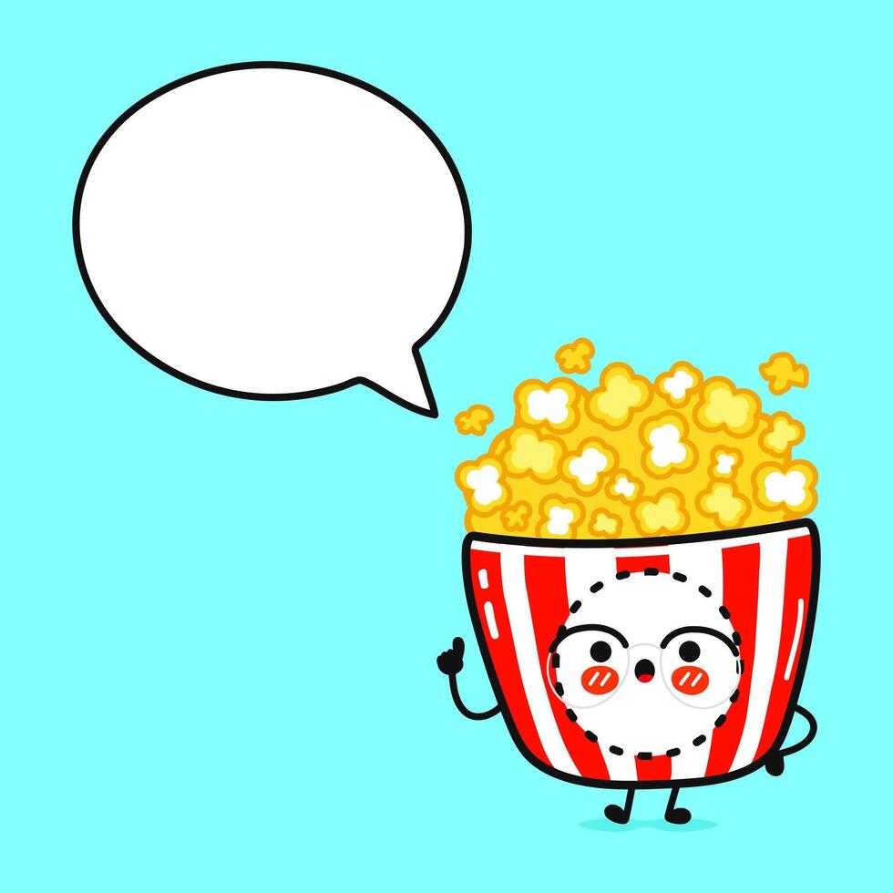 pop corn avec discours bulle. main tiré dessin animé kawaii personnage illustration icône. isolé sur bleu Contexte. pop corn personnage concept vecteur