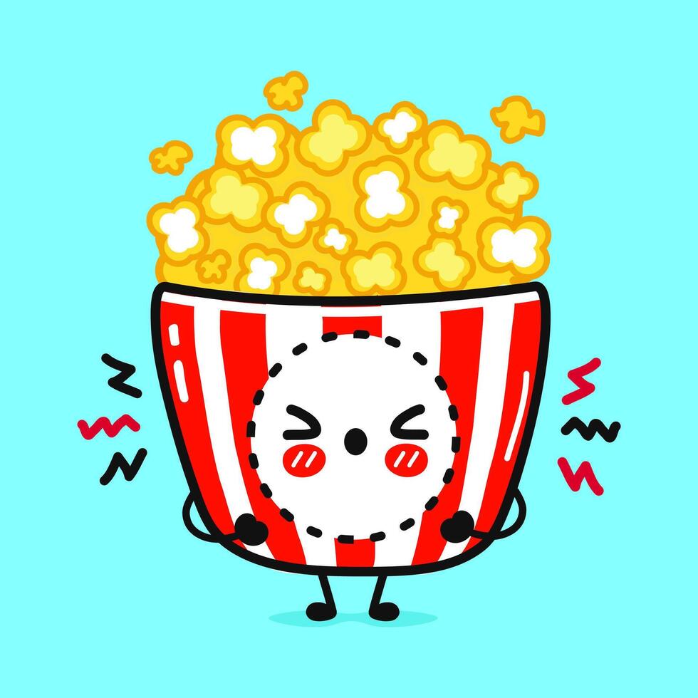 en colère pop corn personnage. main tiré dessin animé kawaii personnage illustration icône. isolé sur bleu Contexte. triste pop corn personnage concept vecteur