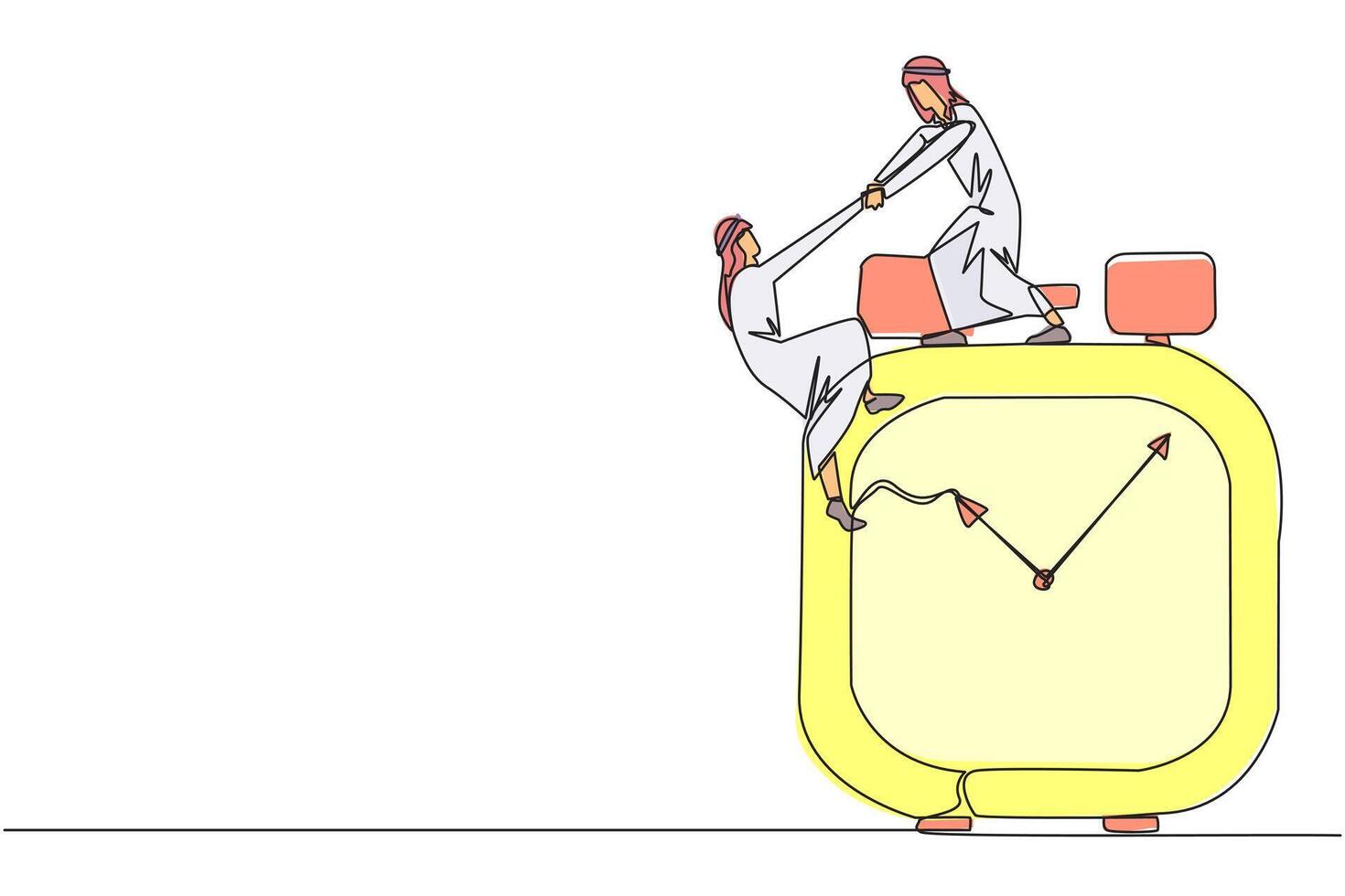 Célibataire un ligne dessin arabe homme d'affaire aide collègue montée alarme horloge. portion collègues de travail. date limite est à venir. travail ensemble pour mieux fin résultat. continu ligne conception graphique illustration vecteur