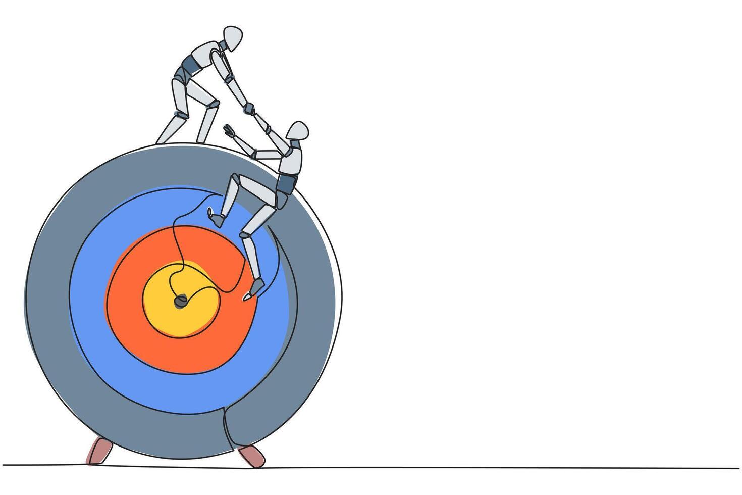 continu un ligne dessin intelligent robotique aide collègue montée le gros La Flèche planche cible. métaphores Aidez-moi concentrer sur compléter Tâches un à temps. ensemble. Célibataire ligne dessiner conception illustration vecteur