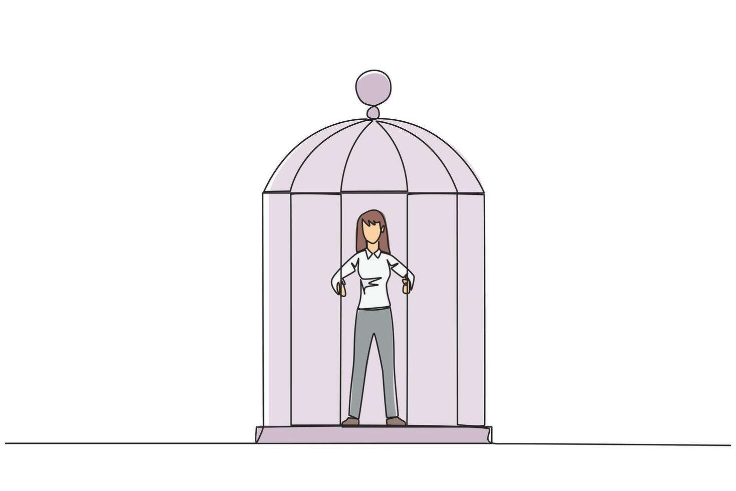 Célibataire continu ligne dessin malheureux femme d'affaires piégé dans cage permanent tenir le le fer barres. détenu corps et esprit. limité opportunité. sentiment épuisé. un ligne conception illustration vecteur