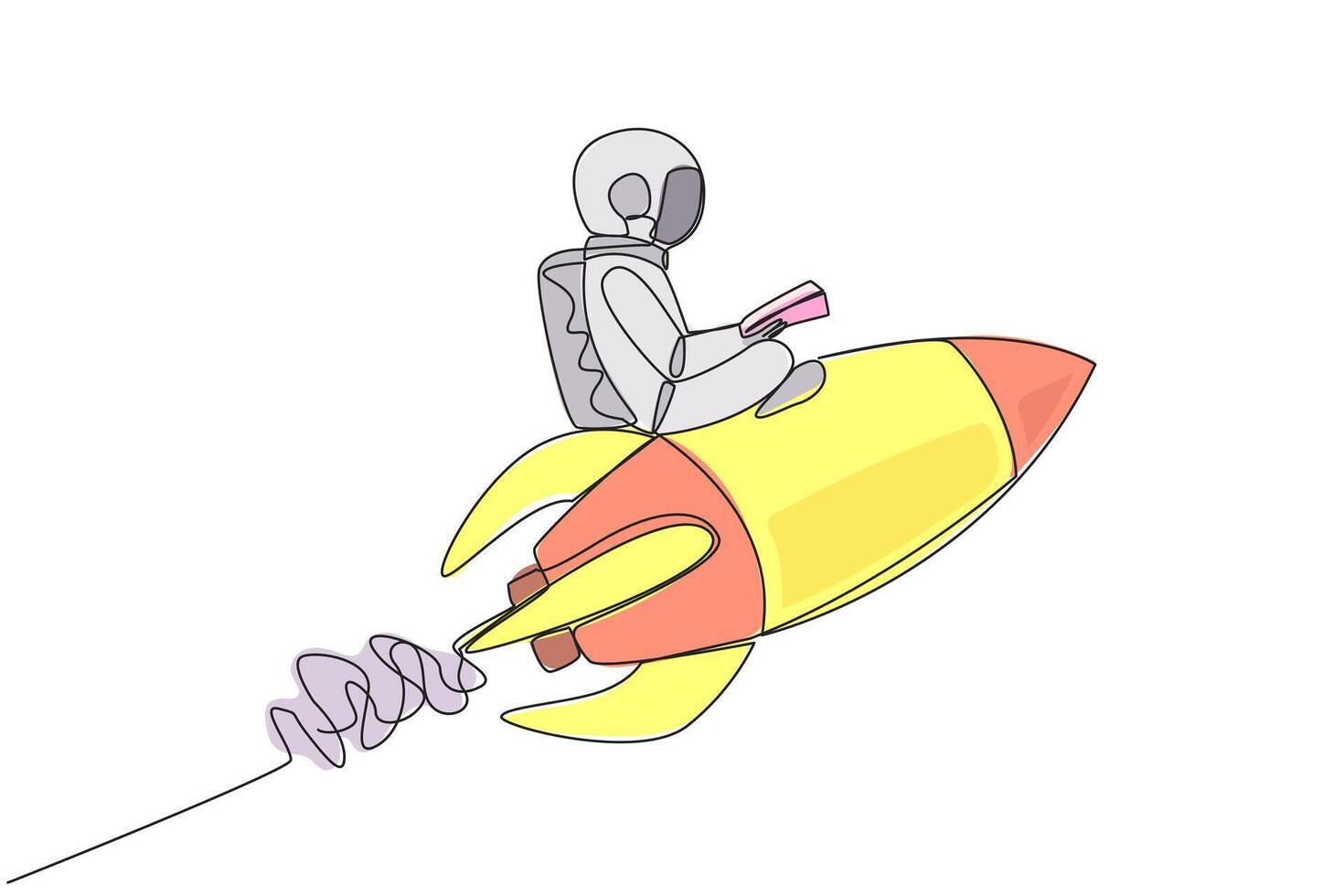 continu un ligne dessin astronaute en volant sur une fusée en train de lire livre. toujours en train de lire livres partout. le livre inspire à devenir scientifique. livre festival. Célibataire ligne dessiner conception illustration vecteur