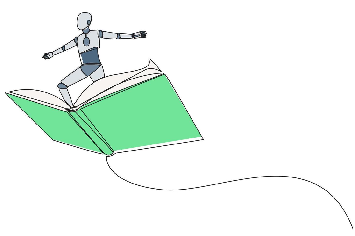 Célibataire un ligne dessin intelligent robotique permanent sur grand en volant ouvert livre. comme équitation une nuage, capable à mouche comme haute comme possible. en train de lire augmenter aperçu. continu ligne conception graphique illustration vecteur