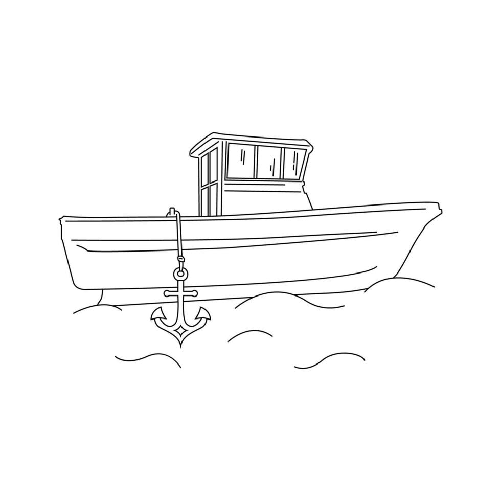 mignonne dessin animé mer bateau avec ancre. isolé illustration dans linéaire style. Facile clipart. vecteur