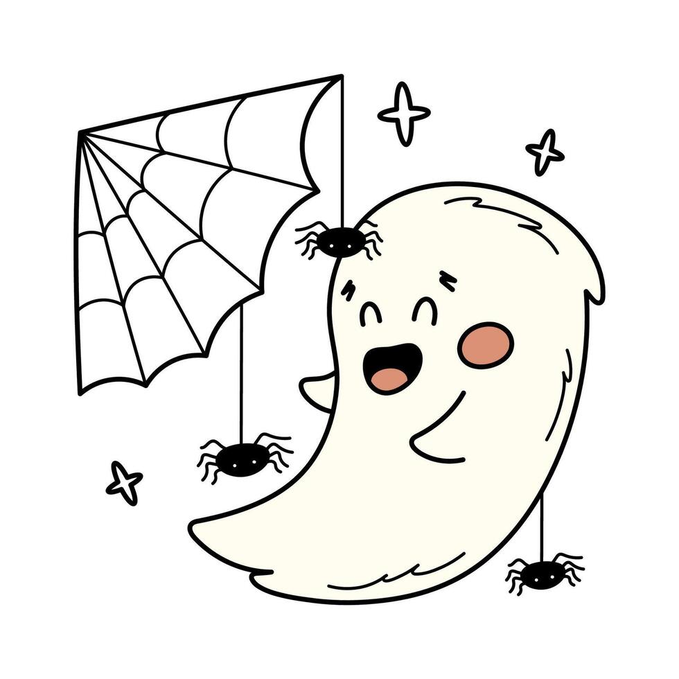 mignonne content fantôme en jouant avec araignées. effrayant Halloween main tiré illustration. clipart pour salutation cartes, autocollants et fête décorations. vecteur