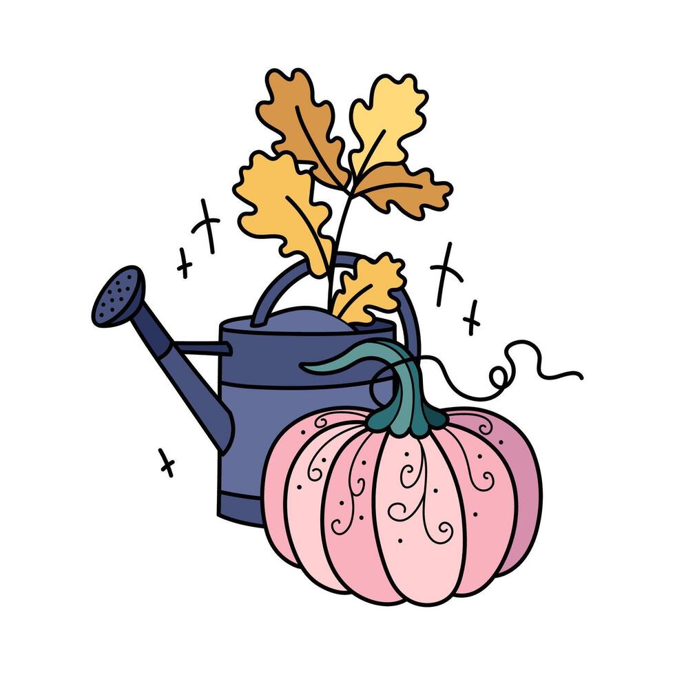 l'automne citrouille et Jaune chêne feuilles dans arrosage peut. mignonne main tiré illustration. adorable kawaii composition. dessin animé plat clipart pour saisonnier salutation cartes, impressions, autocollants, emballage. vecteur