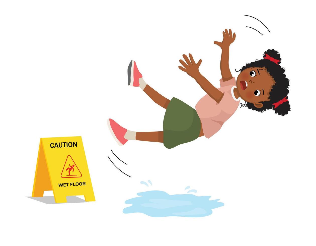 mignonne peu africain fille ayant accident glissement sur humide sol et chute vers le bas près Jaune mise en garde signe vecteur