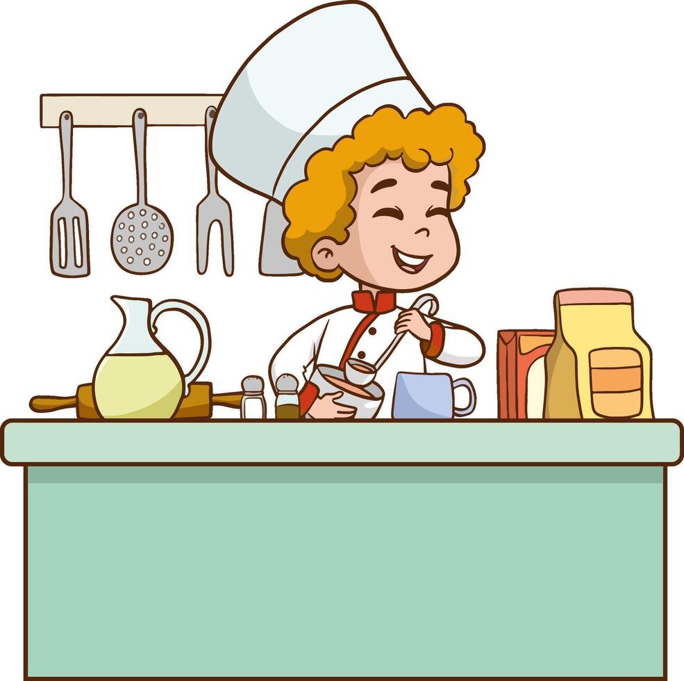 illustration de enfant cuisiniers. dessin animé mascottes dans divers dynamique pose. gens garçon et fille chef dans blanc Chapeaux, illustration vecteur