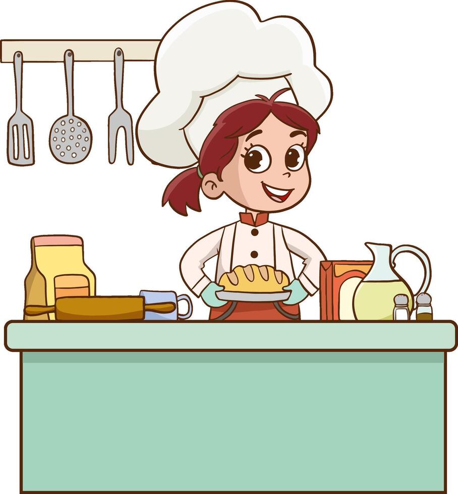 illustration de enfant cuisiniers. dessin animé mascottes dans divers dynamique pose. gens garçon et fille chef dans blanc Chapeaux, illustration vecteur