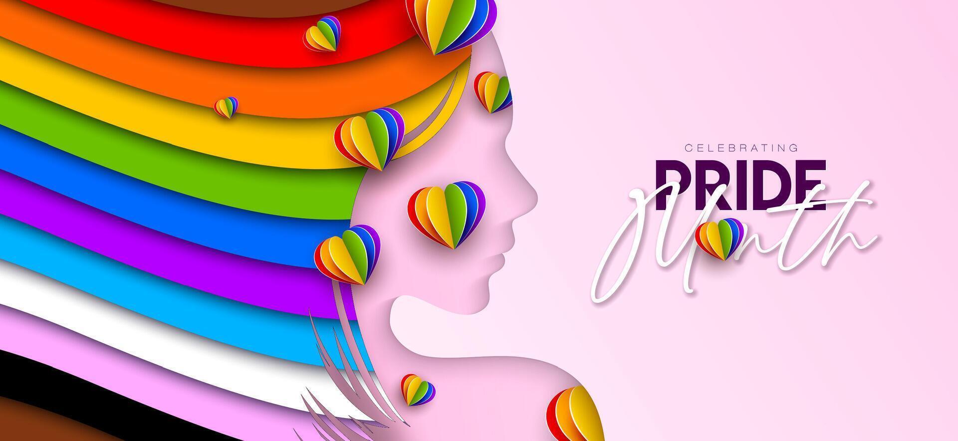 fierté mois lgbtq illustration avec arc en ciel cœur et coloré drapeau dans femme visage silhouette sur rose Contexte. juin l'amour est l'amour Humain droits ou la diversité concept. lgbt un événement bannière vecteur