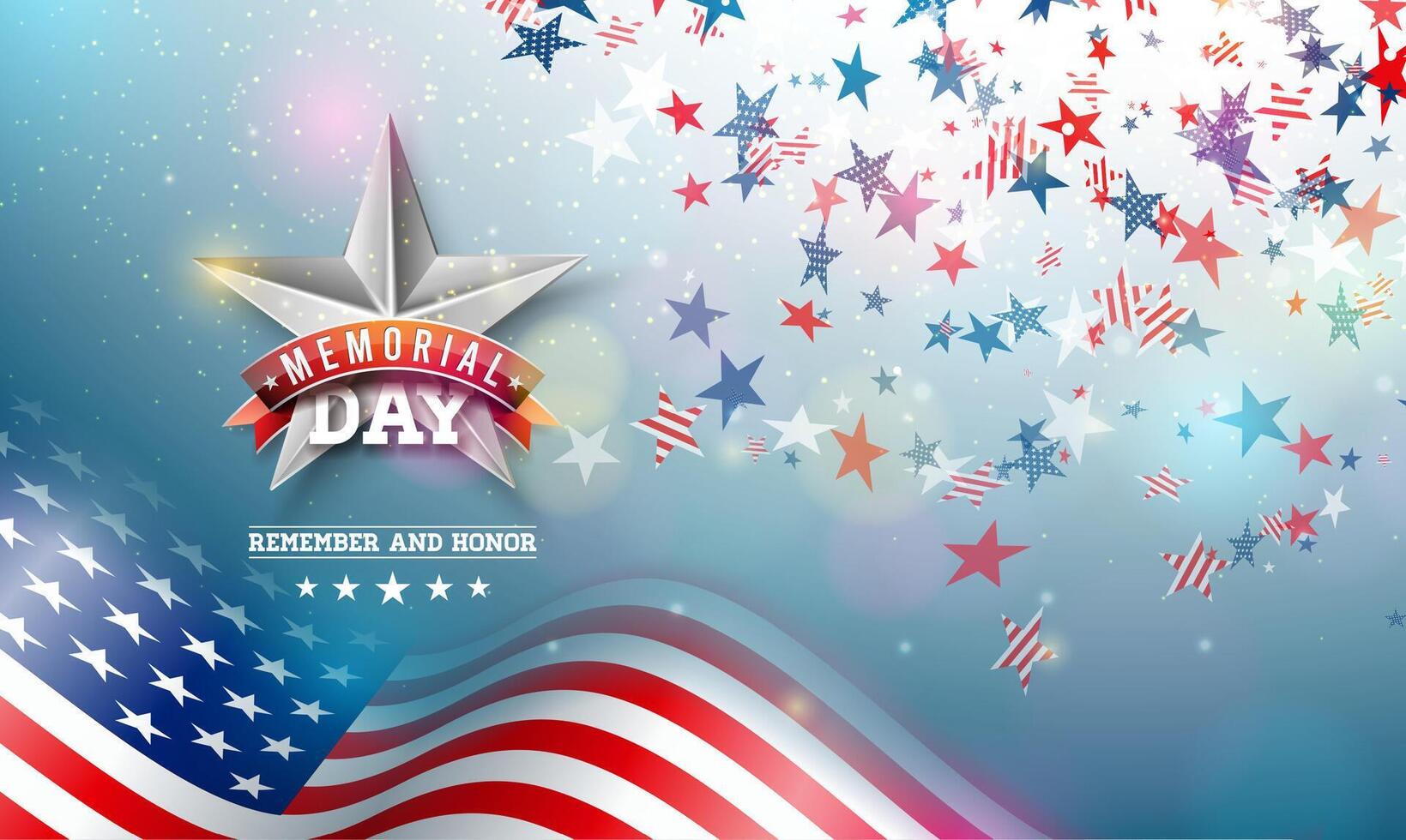 Mémorial journée de le Etats-Unis illustration modèle avec américain drapeau sur chute coloré étoile Contexte. nationale patriotique fête conception pour bannière, prospectus, salutation carte ou vacances affiche. vecteur