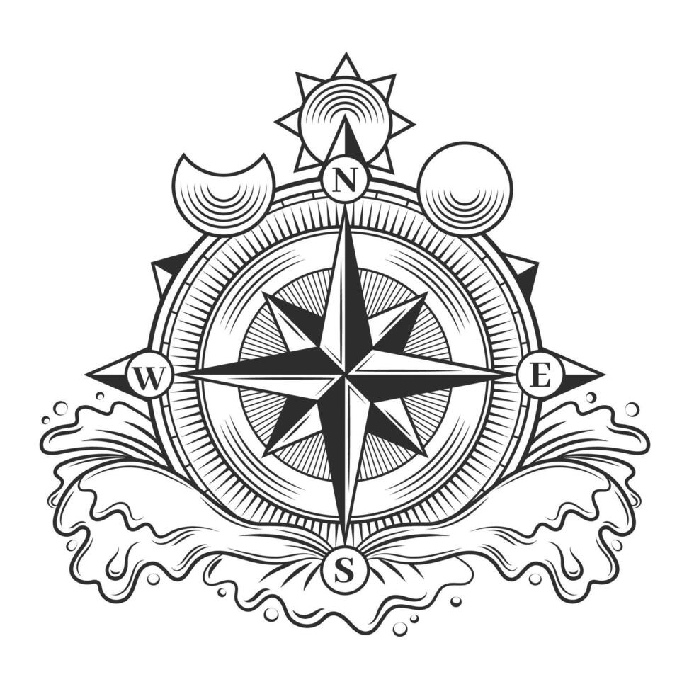 boussole tatouage. minimaliste noir astrologique amulette avec La Flèche et Soleil lune étoiles, moderne course d'orientation direction signe. isolé ensemble vecteur