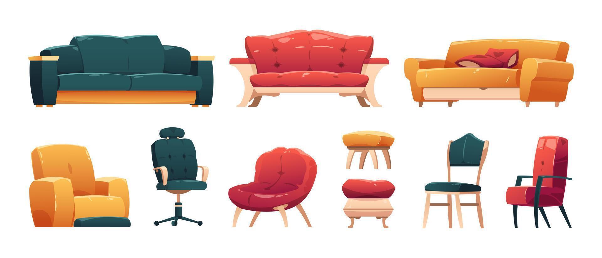 branché canapés chaises les fauteuils. dessin animé confortable meubles pour vivant pièce intérieur, moderne canapé et fauteuil avec oreillers. isolé ensemble vecteur