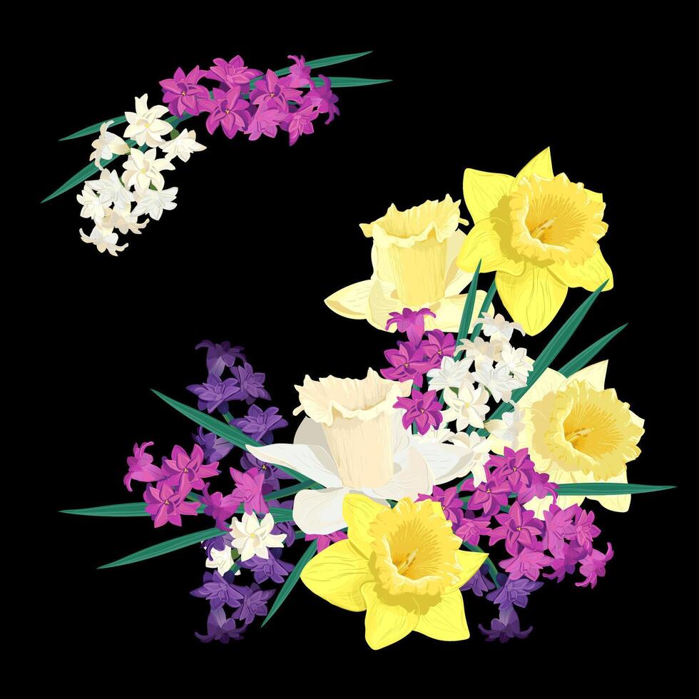 composition de printemps fleurs. une bouquet de jonquilles et jacinthes. vecteur