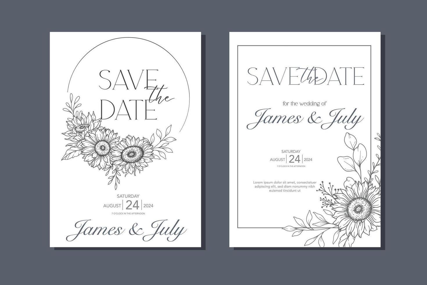 ligne art tournesols mariage invitation modèle, contour tournesols minimaliste mariage papeterie, tournesols mariage vecteur