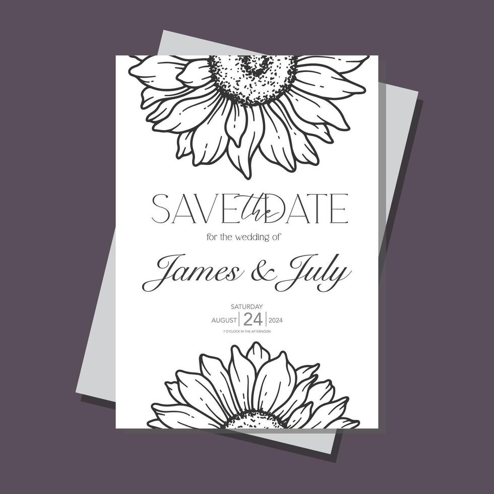 ligne art tournesols mariage invitation modèle, contour tournesols minimaliste mariage papeterie, tournesols mariage vecteur