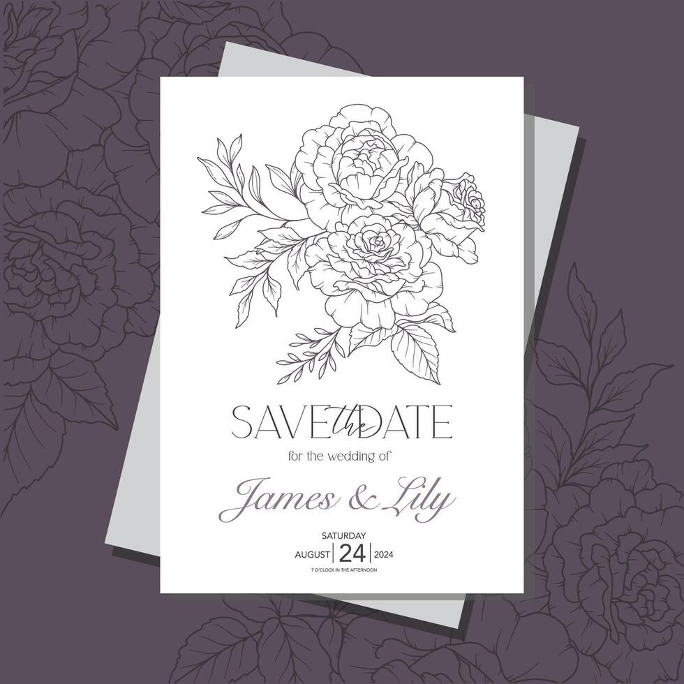 ligne art des roses mariage invitation modèle, contour Rose fleurs minimaliste mariage papeterie vecteur