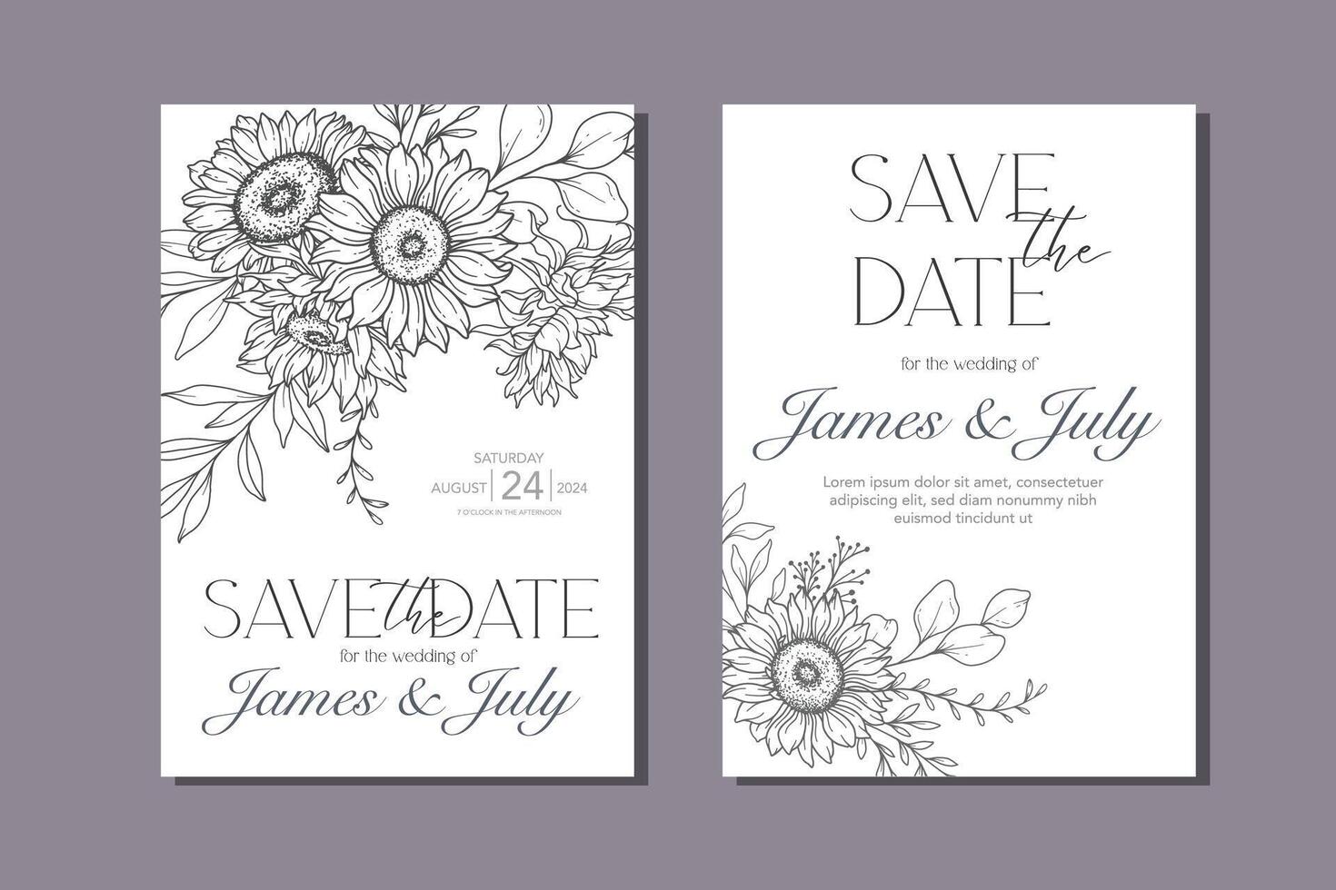 ligne art tournesols mariage invitation modèle, contour tournesols minimaliste mariage papeterie, tournesols mariage vecteur