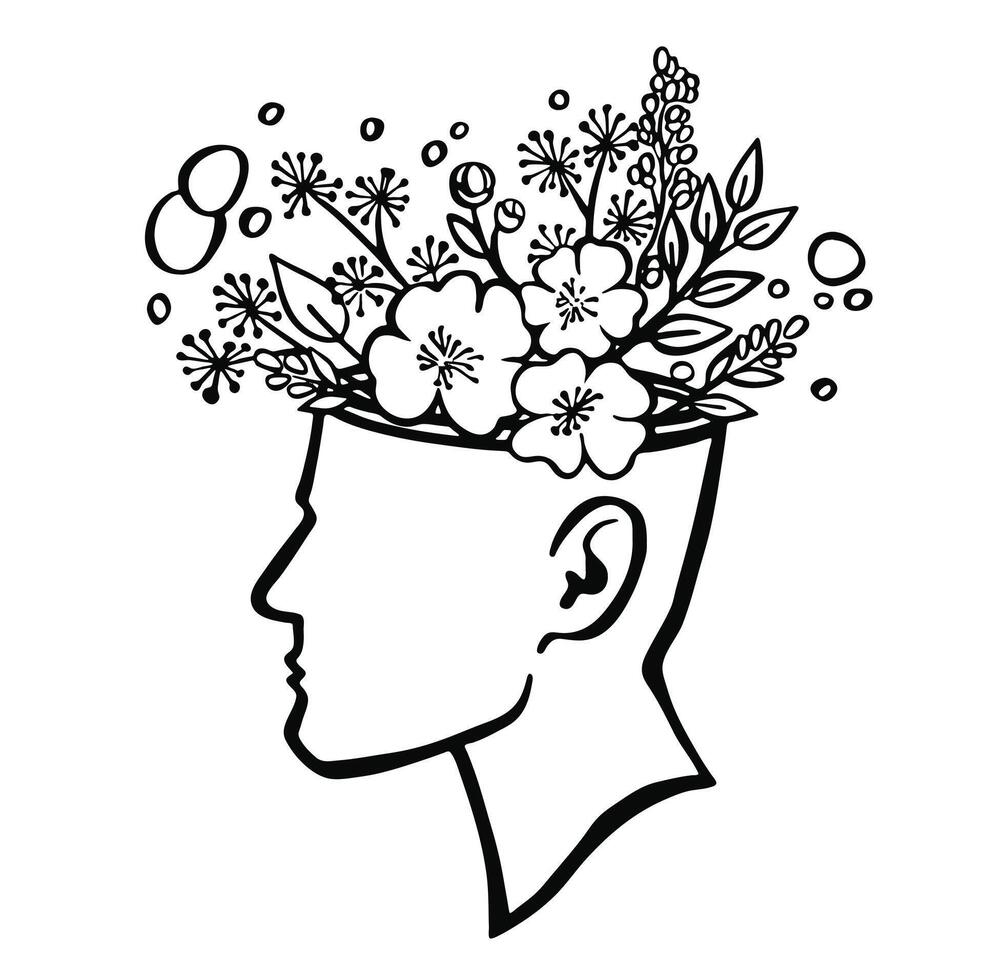 tête fleurs, mental santé ligne illustration vecteur