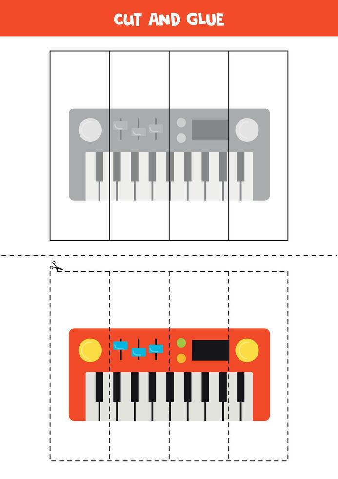 Couper et la colle Jeu pour enfants. mignonne dessin animé jouet piano. vecteur