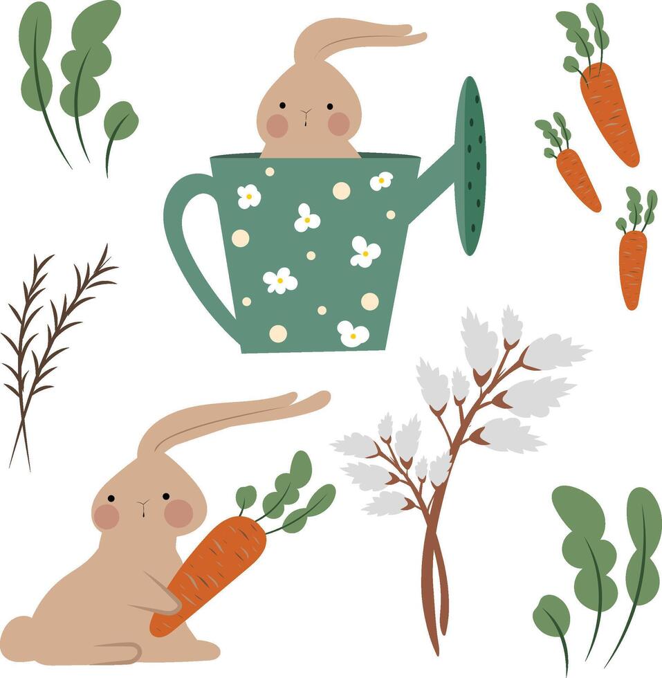 printemps ensemble avec lapin, carottes et feuilles vecteur