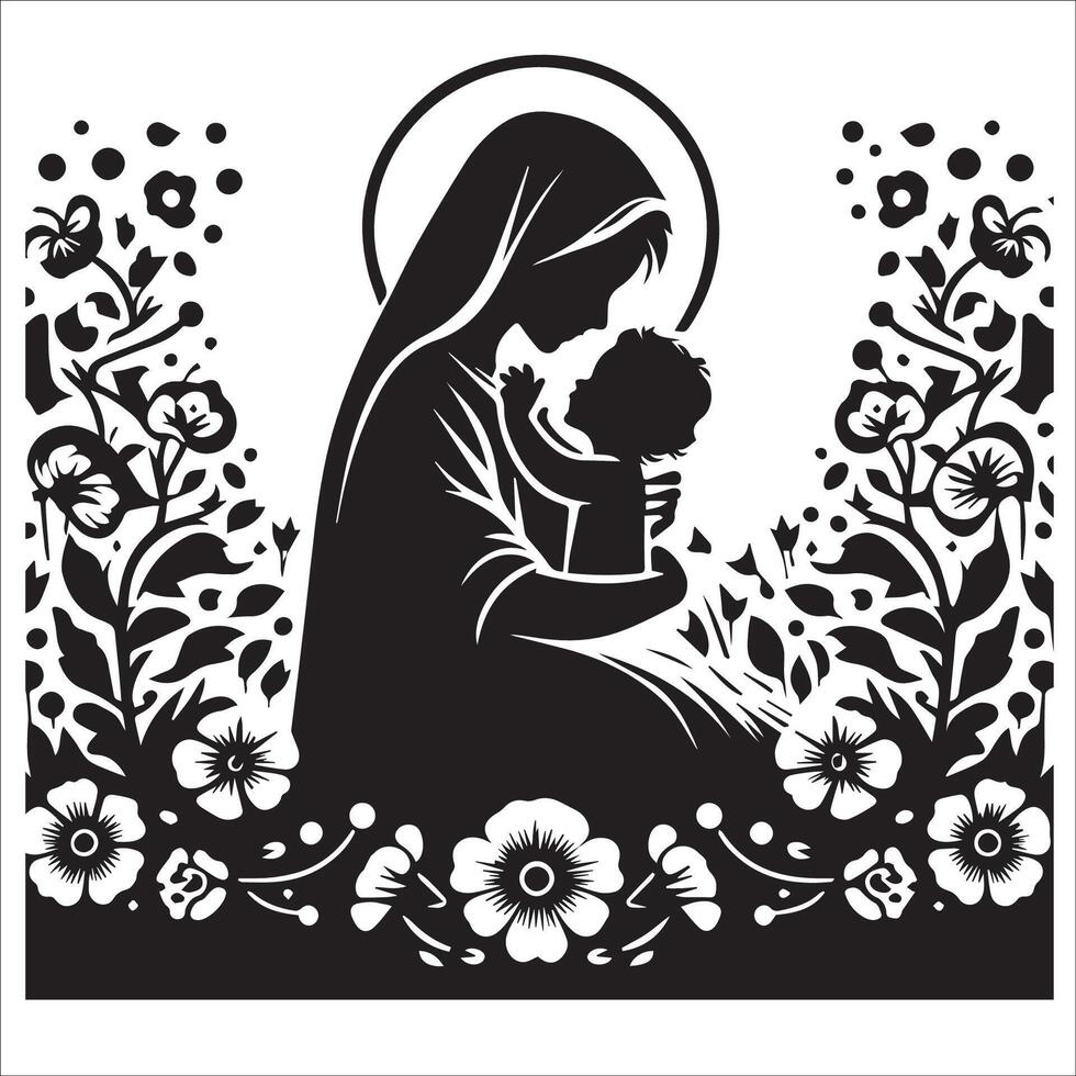 vierge Marie et bébé Jésus silhouette avec fleurs vecteur