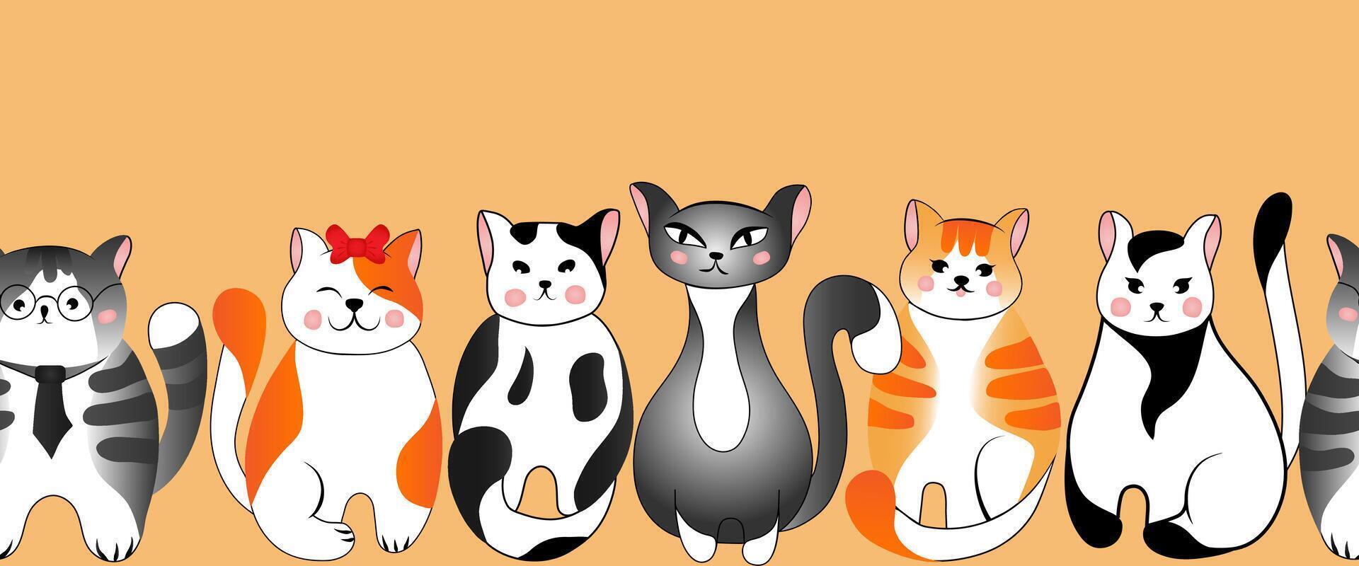 sans couture frontière modèle avec mignonne rouge et gris chats sur Orange Contexte. illustration pour les enfants. vecteur