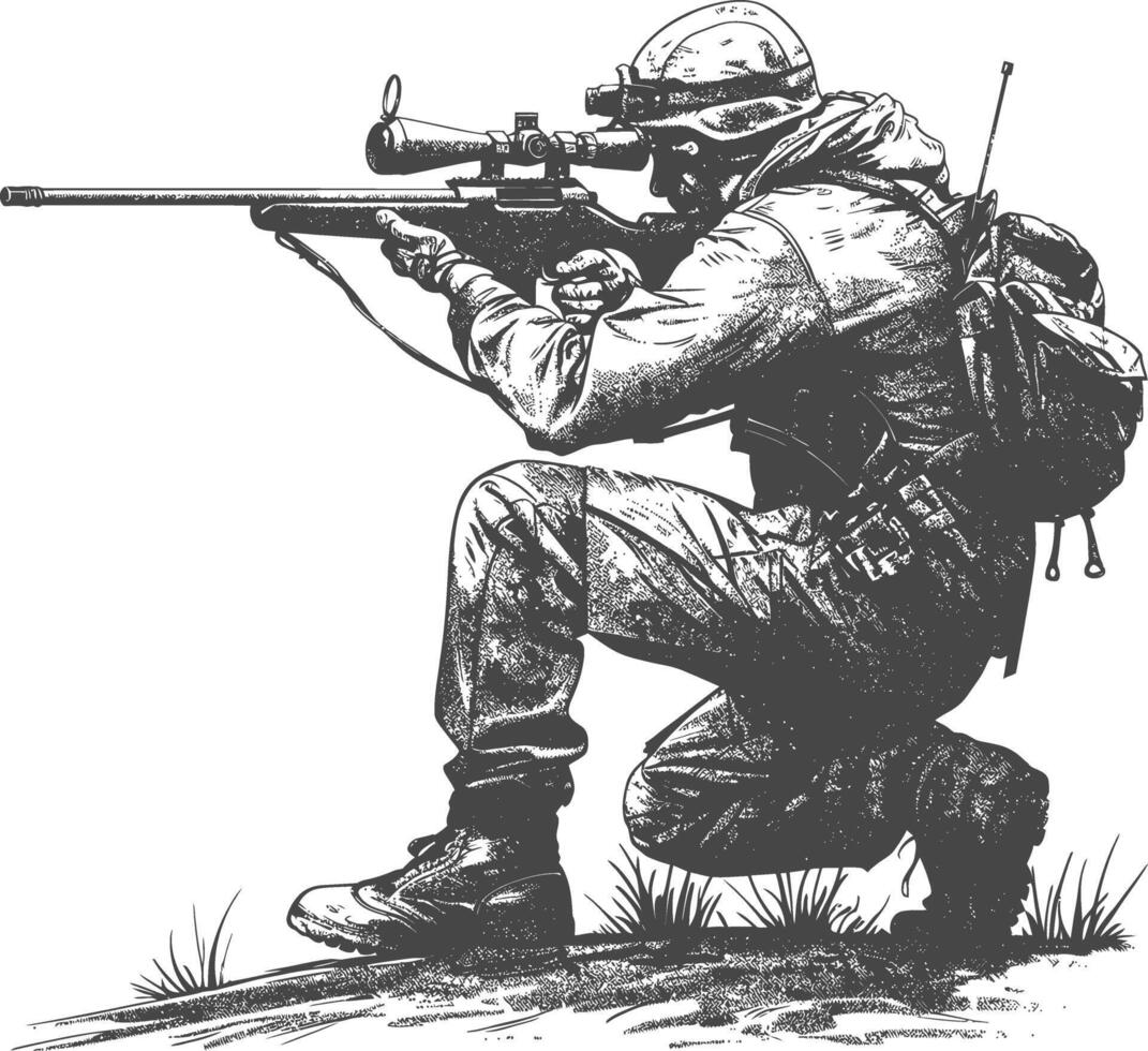 tireur d'élite armée soldat dans action plein corps image en utilisant vieux gravure style vecteur