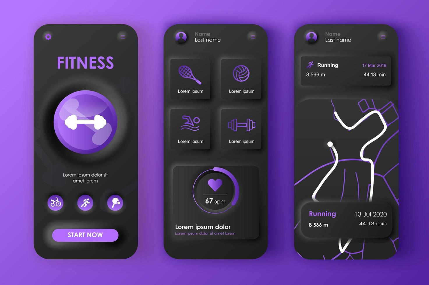 ensemble de modèles neumorphes de concept d'entraînement de remise en forme. tracker différents entraînements sportifs, itinéraires de course, statistiques. écrans ui, ux, gui pour une application mobile réactive. kit de conception de vecteur dans le style de neumorphisme