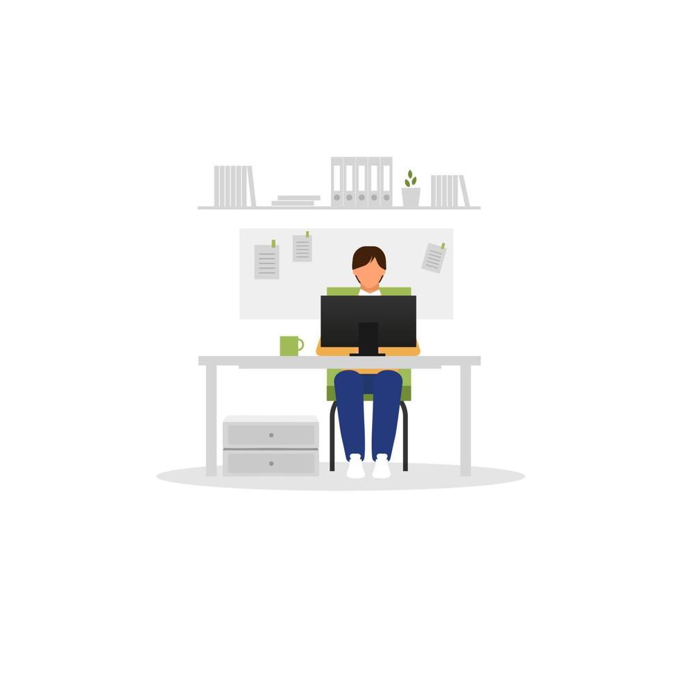 employé de bureau avec illustration vectorielle plane pour ordinateur portable. homme travaillant au bureau personnage de dessin animé isolé sur fond blanc. gestionnaire, concepteur, programmeur utilisant un PC. lieu de travail, espace de travail vecteur