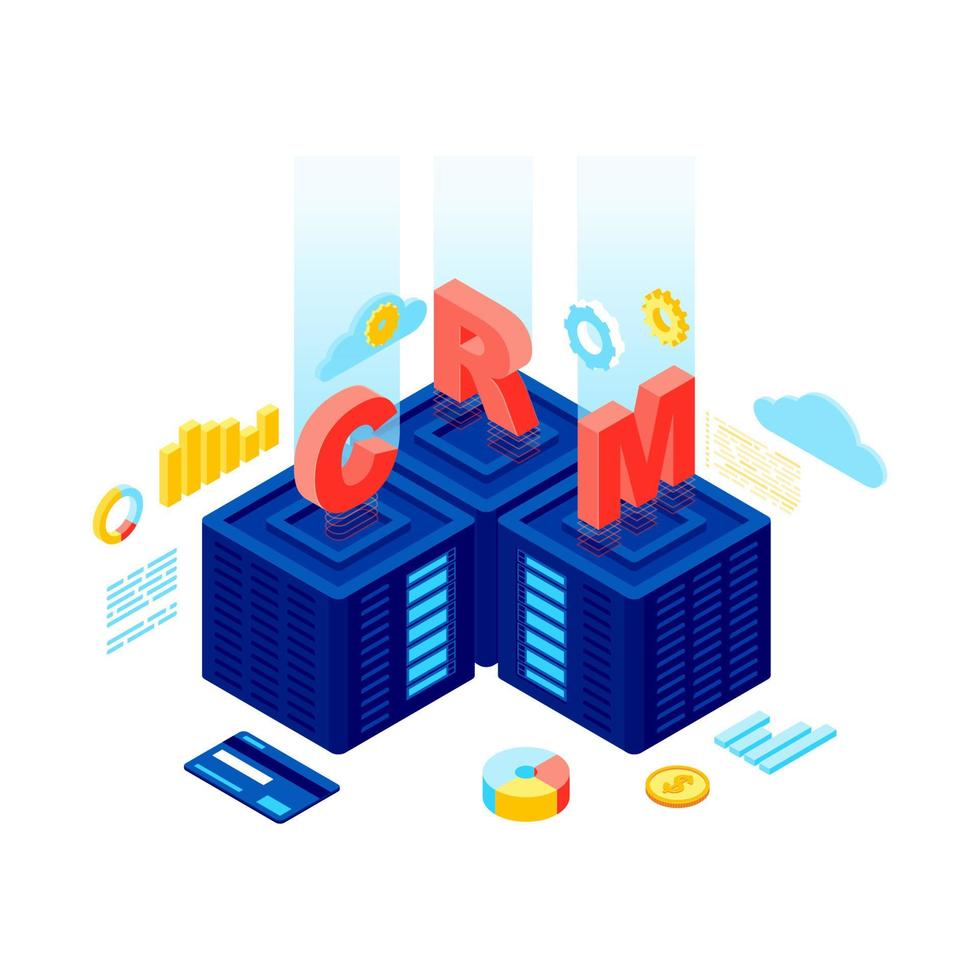 illustration vectorielle isométrique du système de GRC. logiciel de gestion de la relation client. serveur crm, base de données, saas. stockage et analyse des données client. statistique de commerce électronique, concept 3d d'automatisation du marketing vecteur