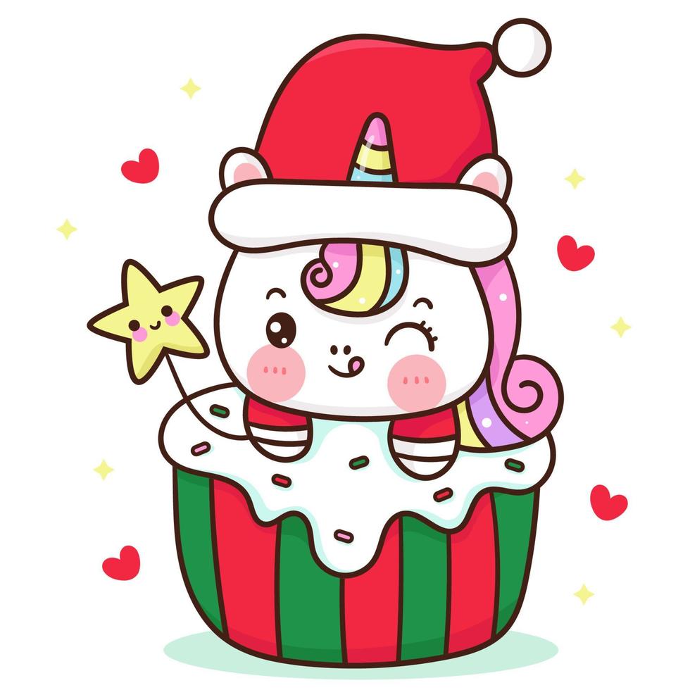 Licorne du père Noël avec un petit gâteau de Noël et un dessin animé kawaii étoile vecteur