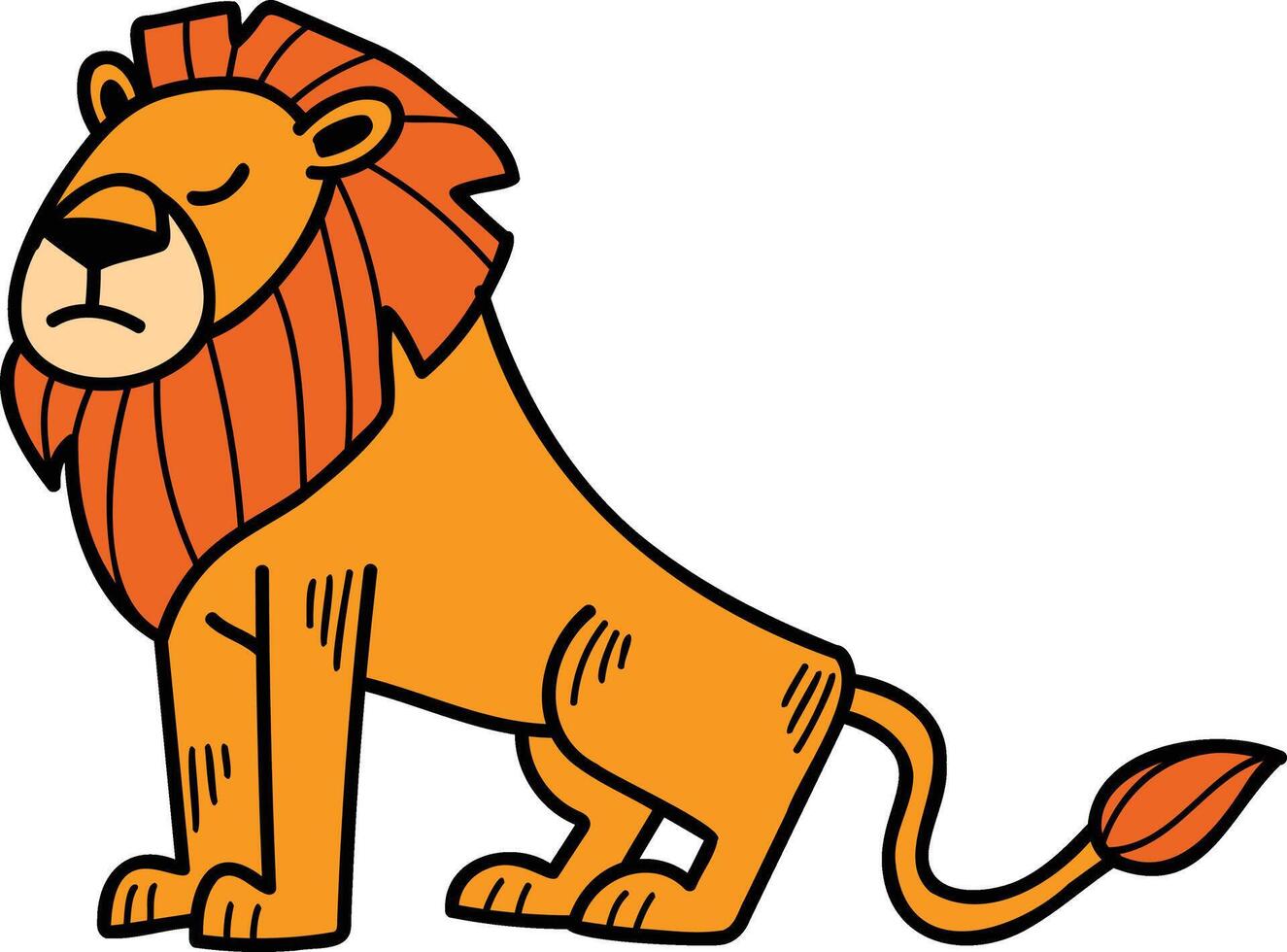 une dessin animé Lion est séance sur ses hanches avec ses tête vers le bas vecteur