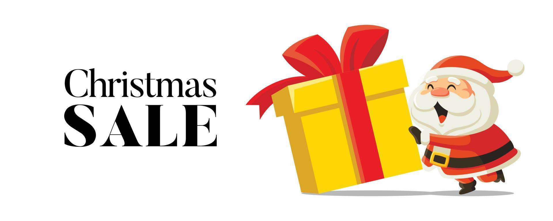 annonces de vente de Noël sur les réseaux sociaux. père noël drôle de bande dessinée poussant une énorme boîte de cadeau de noël. conception de modèles promotionnels pour joyeux noël et nouvel an vecteur