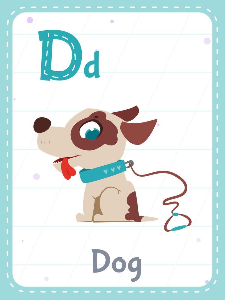 alphabet imprimable carte flash avec lettre ré. dessin animé mignonne chien animal image et Anglais mot sur éclat carte pour les enfants éducation. école Mémoire cartes pour Jardin d'enfants des gamins plat illustration. vecteur