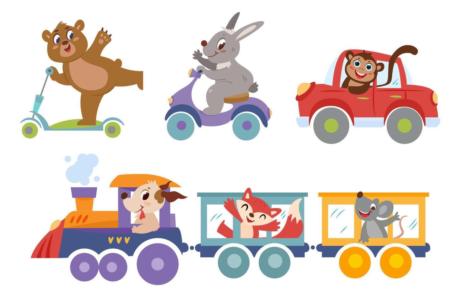 ensemble de animaux sur transport. amusement dessin animé véhicule chauffeur personnages. content ours sur scooter, mignonne lapin sur moto et singe dans rouge auto. chien conduite train. marrant Renard et Souris balade dans locomotive. vecteur